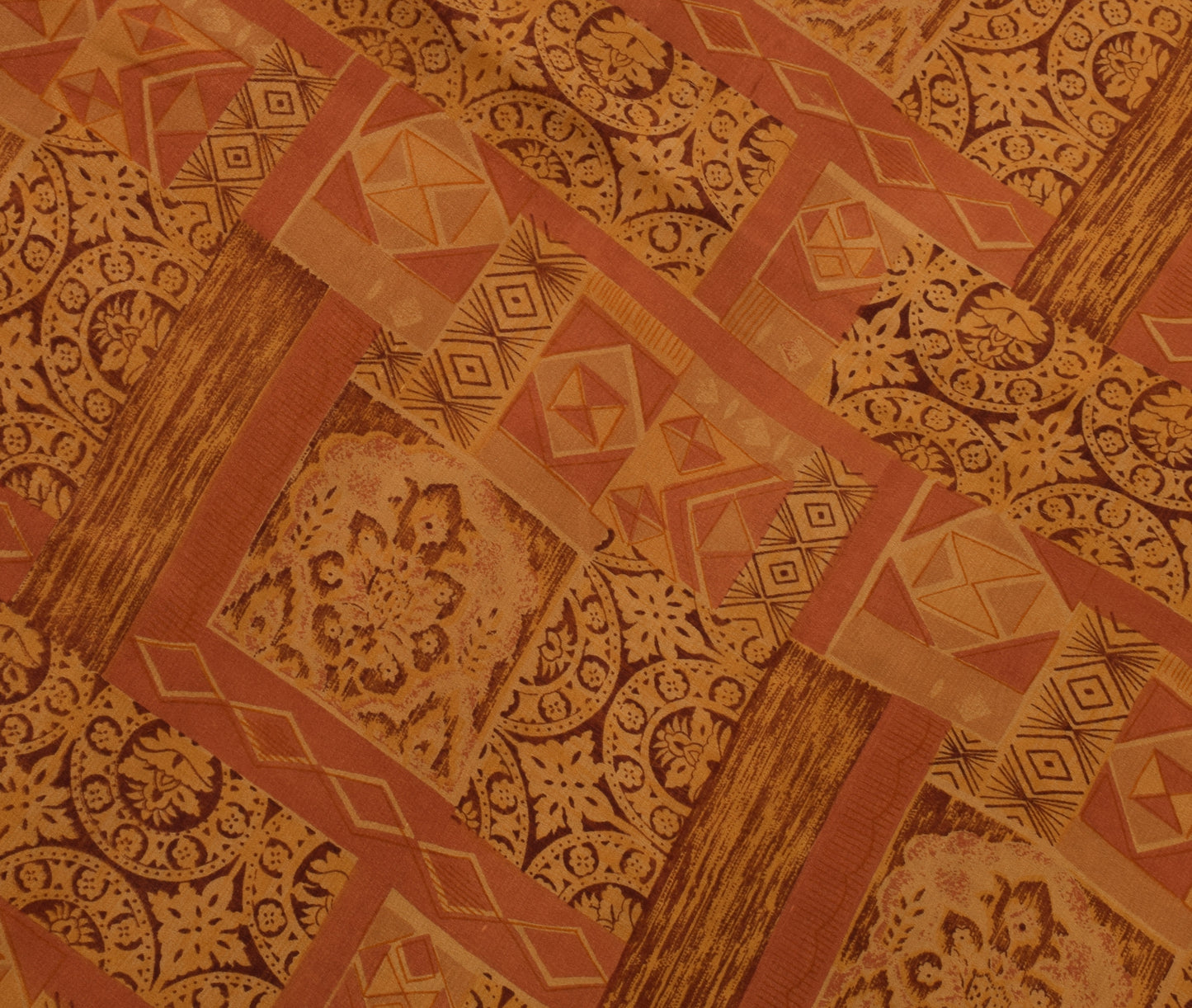 Sushila Vintage Brown Scrap Saree 100% Pure Silk Printed Sari 5 Yard Fabric