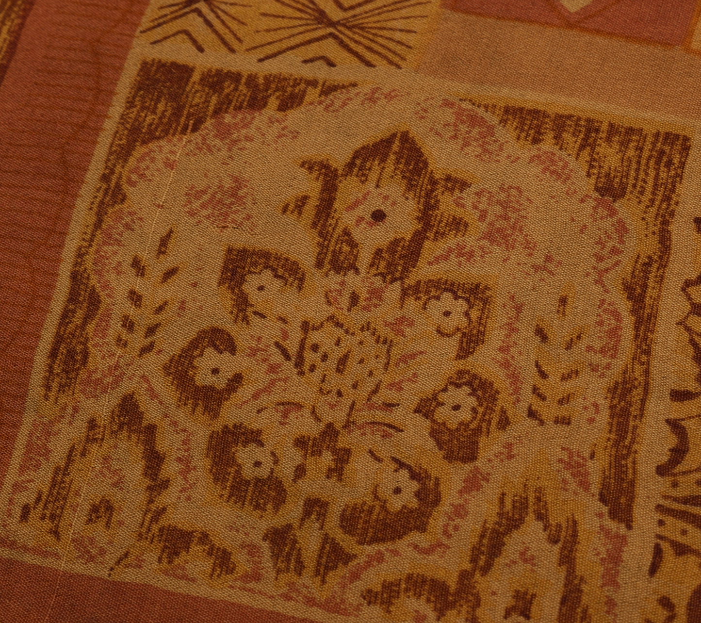 Sushila Vintage Brown Scrap Saree 100% Pure Silk Printed Sari 5 Yard Fabric
