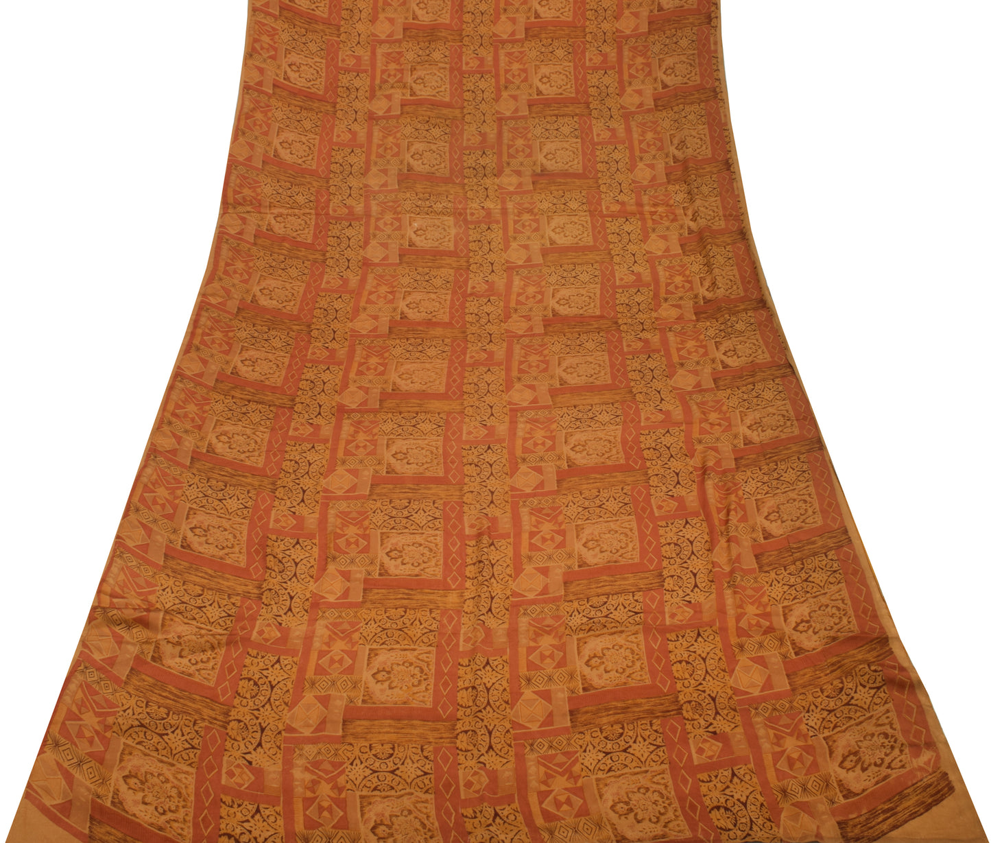 Sushila Vintage Brown Scrap Saree 100% Pure Silk Printed Sari 5 Yard Fabric