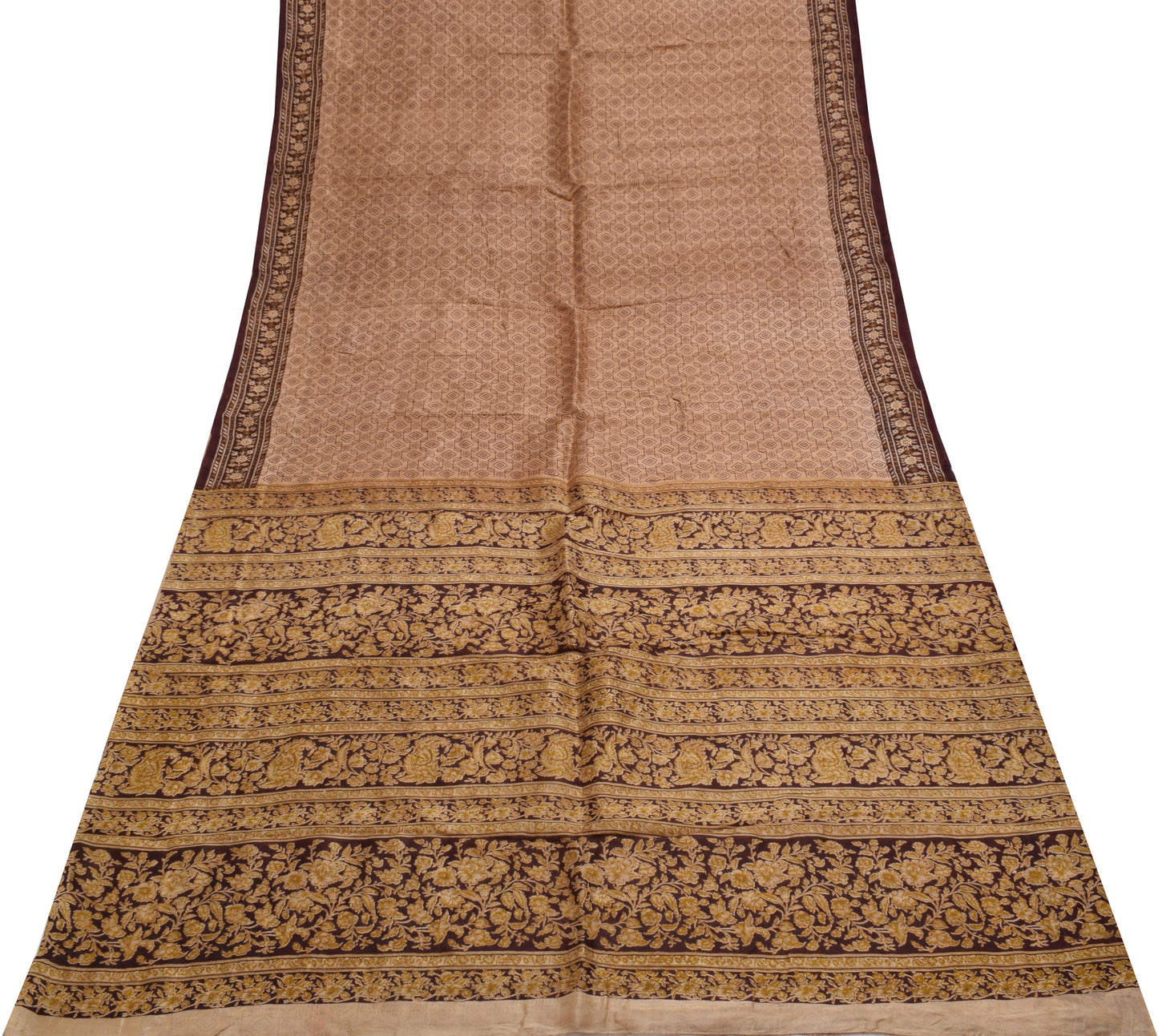 Sushila Vintage Light Brown Scrap Saree 100% Pure Silk Printed Sari Fabric
