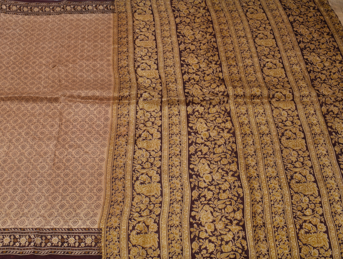 Sushila Vintage Light Brown Scrap Saree 100% Pure Silk Printed Sari Fabric
