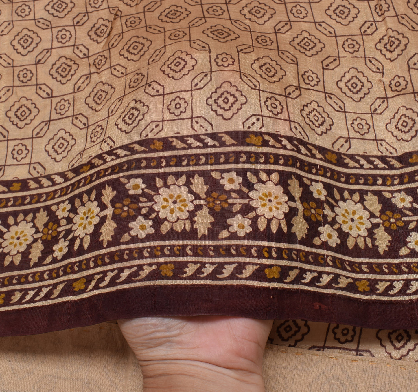 Sushila Vintage Light Brown Scrap Saree 100% Pure Silk Printed Sari Fabric