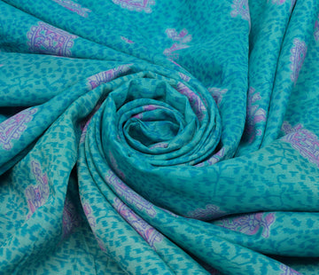 Sushila Vintage Aqua Blue Scrap Saree Blend Silk Printed Floral Sari Fabric