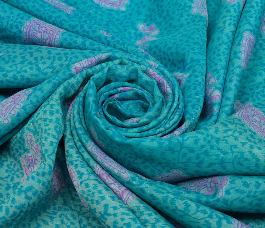 Sushila Vintage Aqua Blue Scrap Saree Blend Silk Printed Floral Sari Fabric