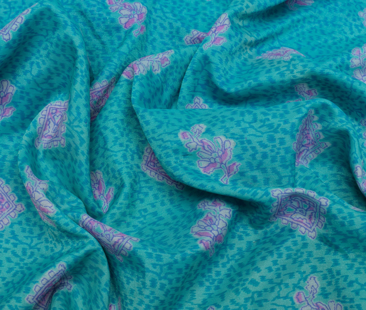 Sushila Vintage Aqua Blue Scrap Saree Blend Silk Printed Floral Sari Fabric