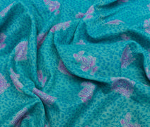 Sushila Vintage Aqua Blue Scrap Saree Blend Silk Printed Floral Sari Fabric