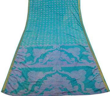 Sushila Vintage Aqua Blue Scrap Saree Blend Silk Printed Floral Sari Fabric