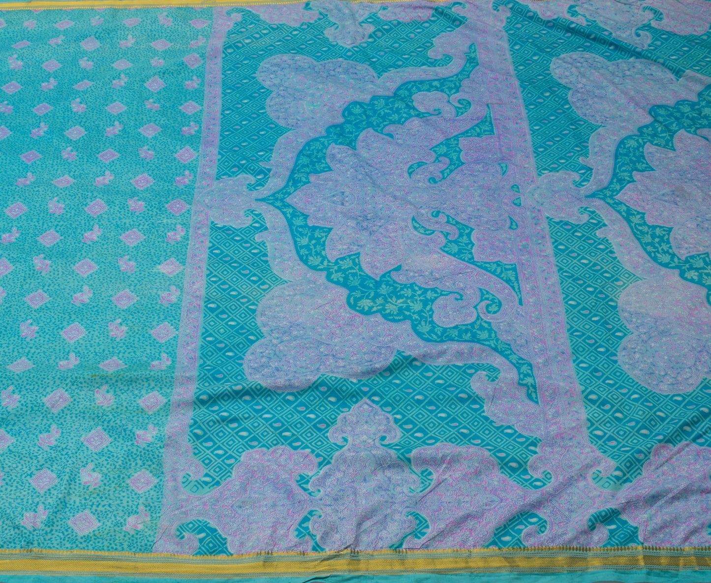 Sushila Vintage Aqua Blue Scrap Saree Blend Silk Printed Floral Sari Fabric