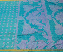 Sushila Vintage Aqua Blue Scrap Saree Blend Silk Printed Floral Sari Fabric