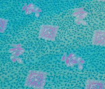 Sushila Vintage Aqua Blue Scrap Saree Blend Silk Printed Floral Sari Fabric
