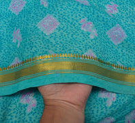 Sushila Vintage Aqua Blue Scrap Saree Blend Silk Printed Floral Sari Fabric