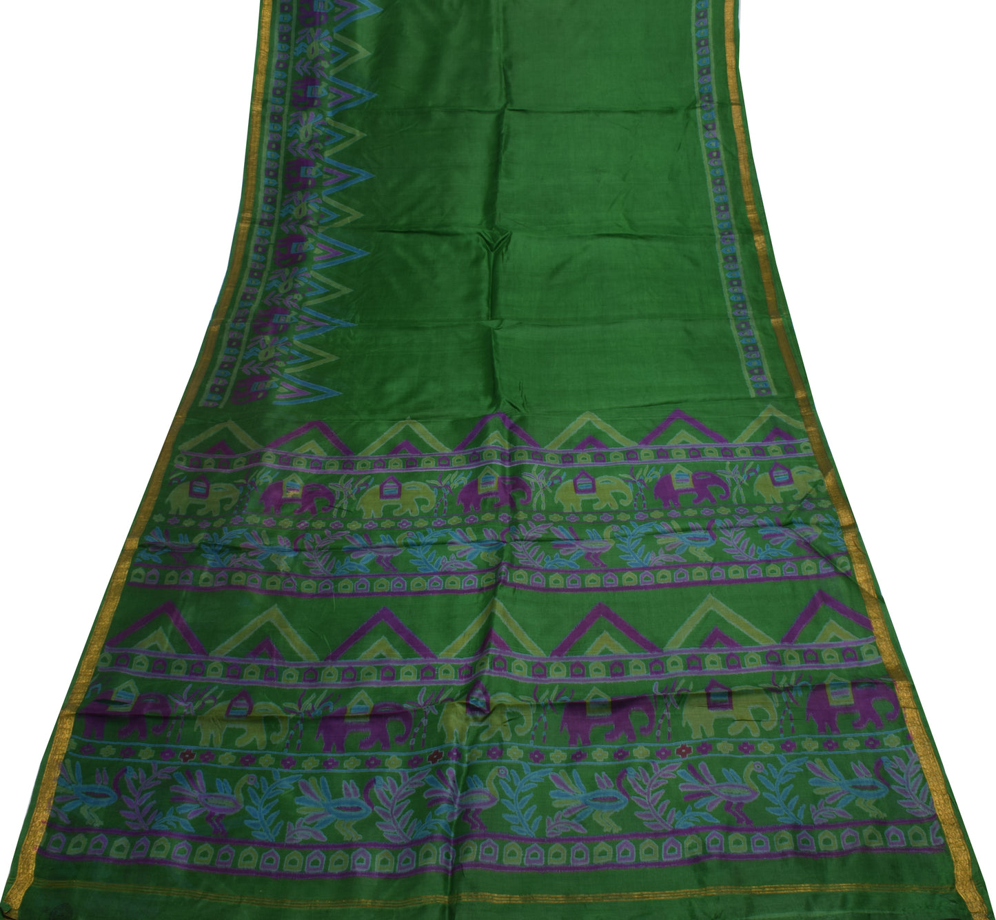 Sushila Vintage Indian Green Scrap Saree 100% Pure Silk Printed Sari Fabric