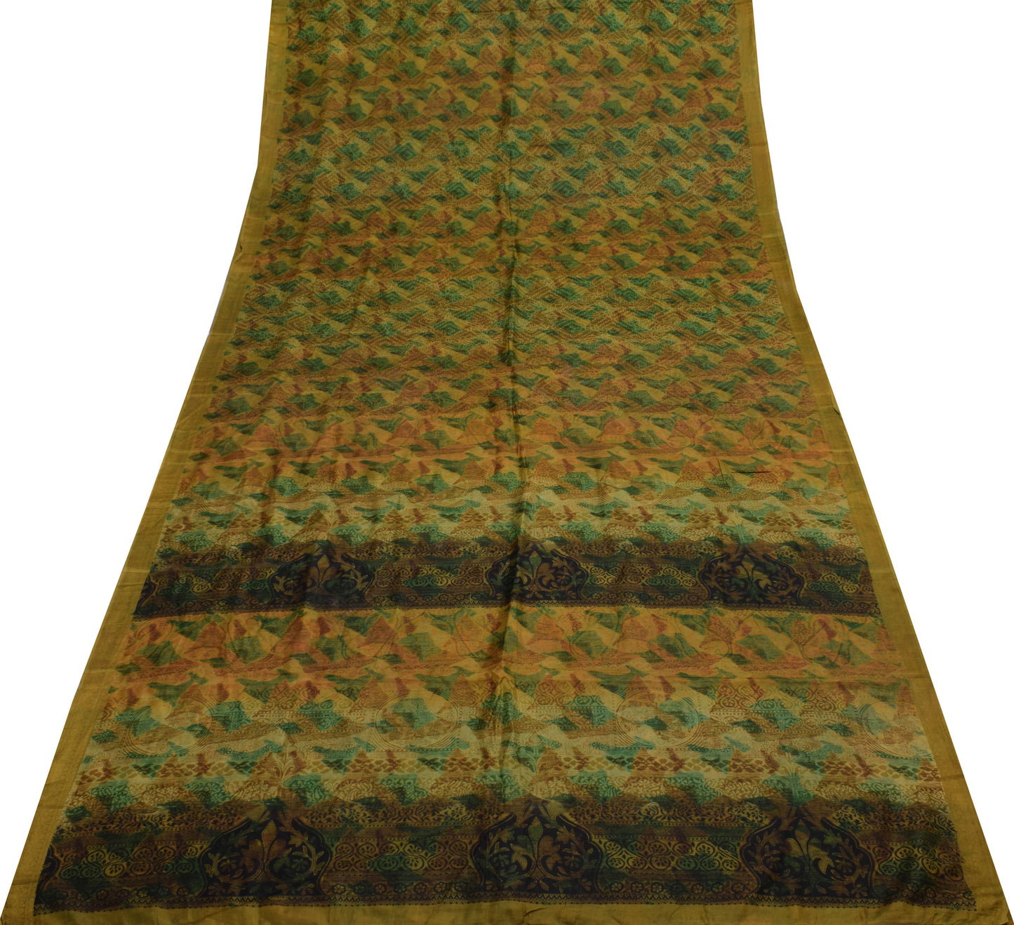 Sushila Vintage Green Scrap Saree 100% Pure Silk Printed Floral Sari Fabric