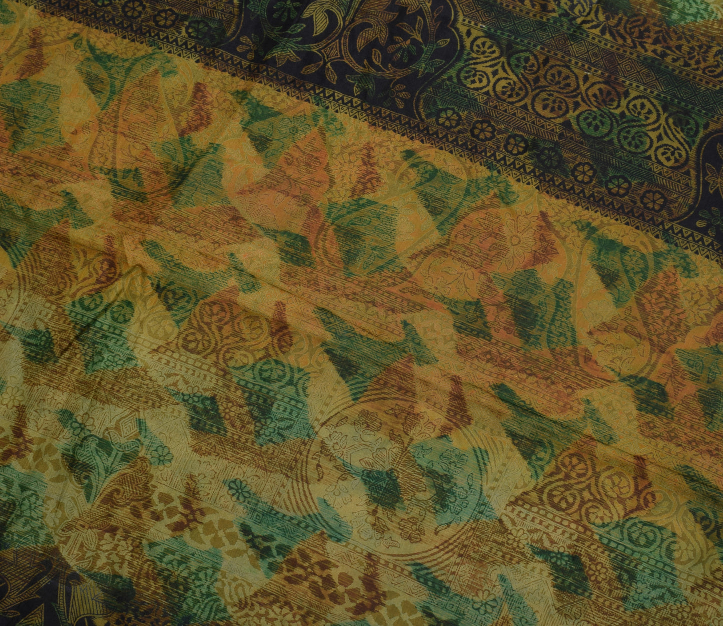 Sushila Vintage Green Scrap Saree 100% Pure Silk Printed Floral Sari Fabric