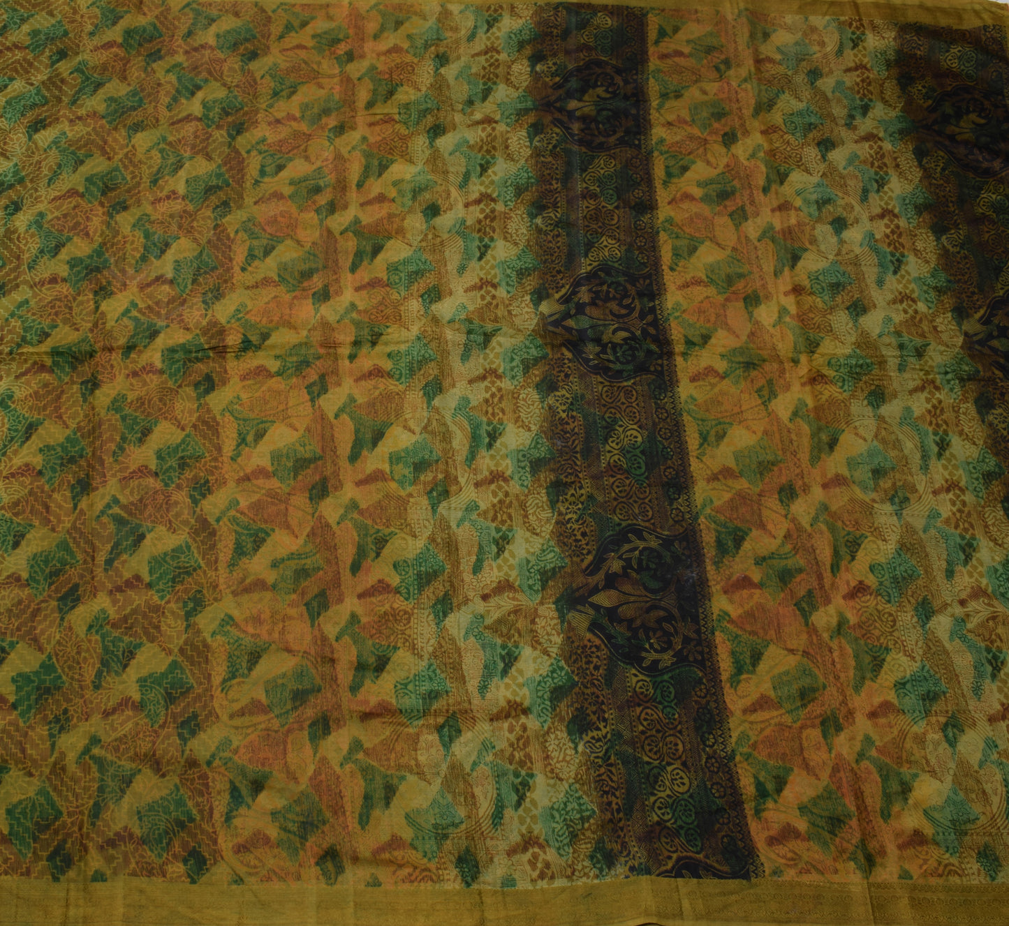 Sushila Vintage Green Scrap Saree 100% Pure Silk Printed Floral Sari Fabric
