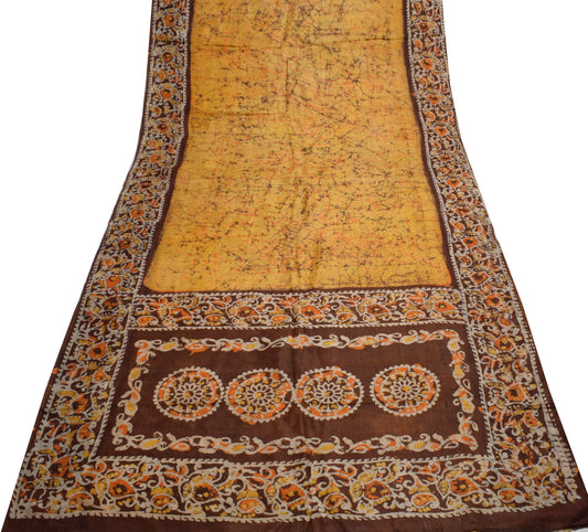 Sushila Vintage Mustard Scrap Saree 100% Pure Silk Batik Printed Sari Fabric
