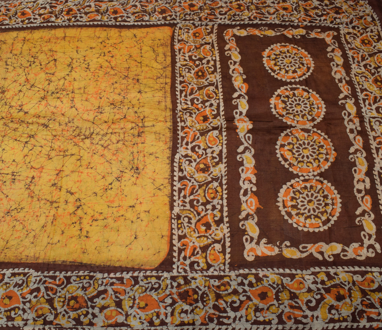 Sushila Vintage Mustard Scrap Saree 100% Pure Silk Batik Printed Sari Fabric