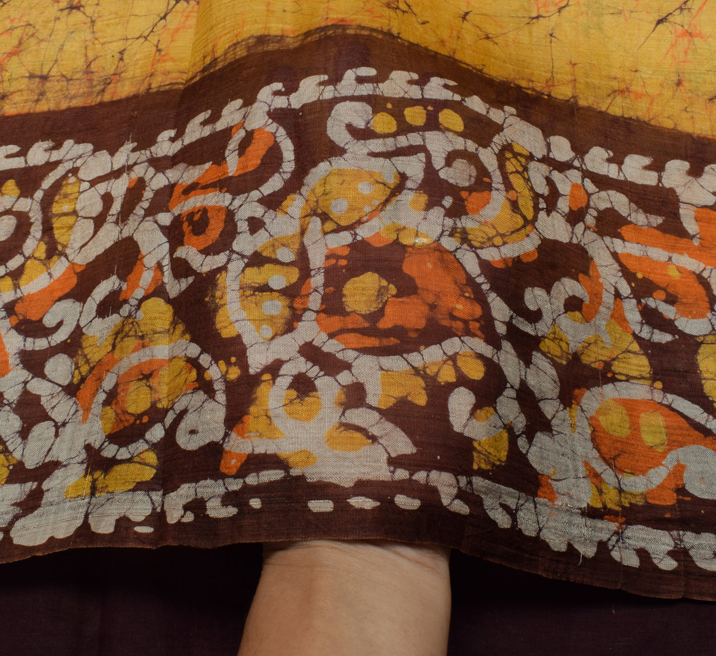 Sushila Vintage Mustard Scrap Saree 100% Pure Silk Batik Printed Sari Fabric