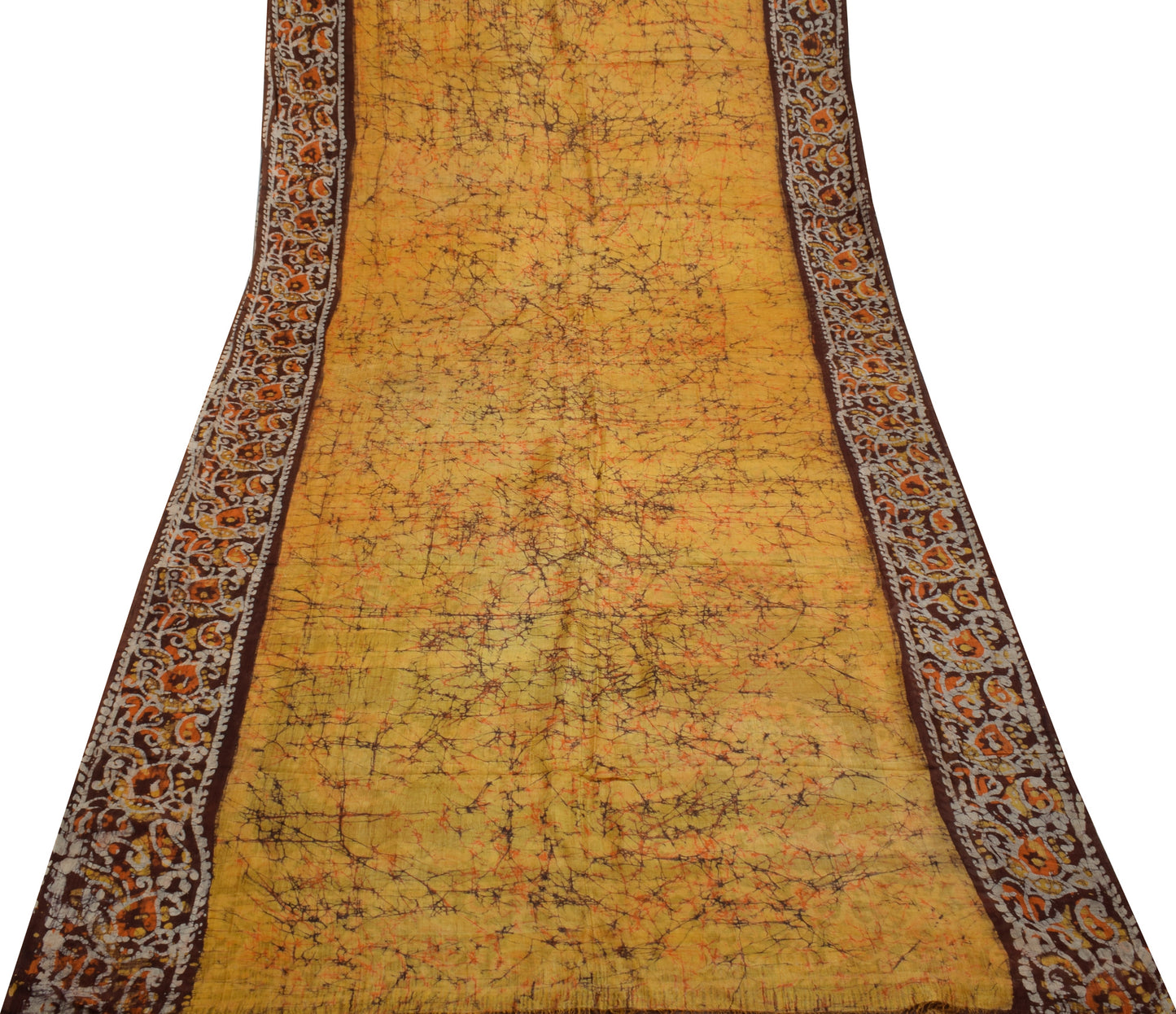 Sushila Vintage Mustard Scrap Saree 100% Pure Silk Batik Printed Sari Fabric
