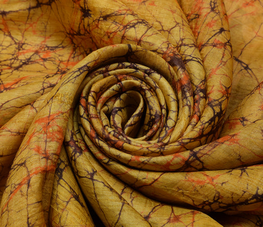 Sushila Vintage Mustard Scrap Saree 100% Pure Silk Batik Printed Sari Fabric