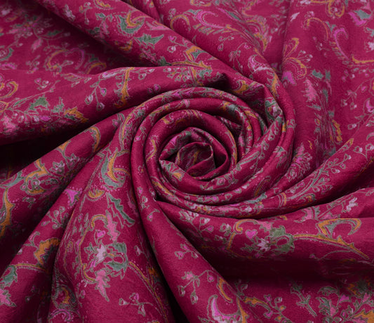 Sushila Vintage Dark Pink Scrap Saree 100% Pure Silk Printed floral Sari Fabric