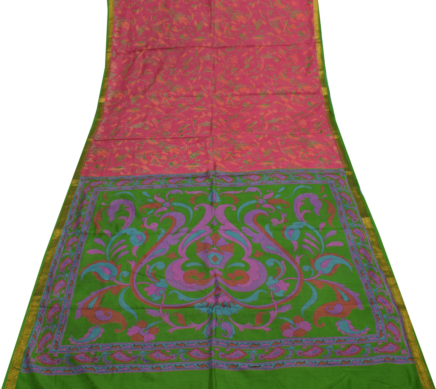 Sushila Vintage Dark Pink Scrap Saree 100% Pure Silk Printed 5 Yard Sari Fabric