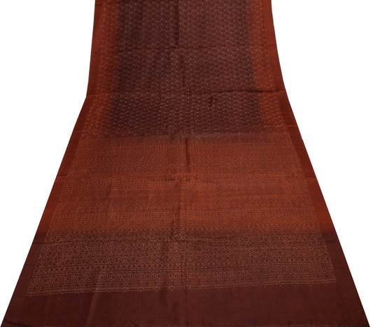 Sushila Vintage Brown Scrap Saree 100% Pure Silk Printed 5 Yard Sari Fabric