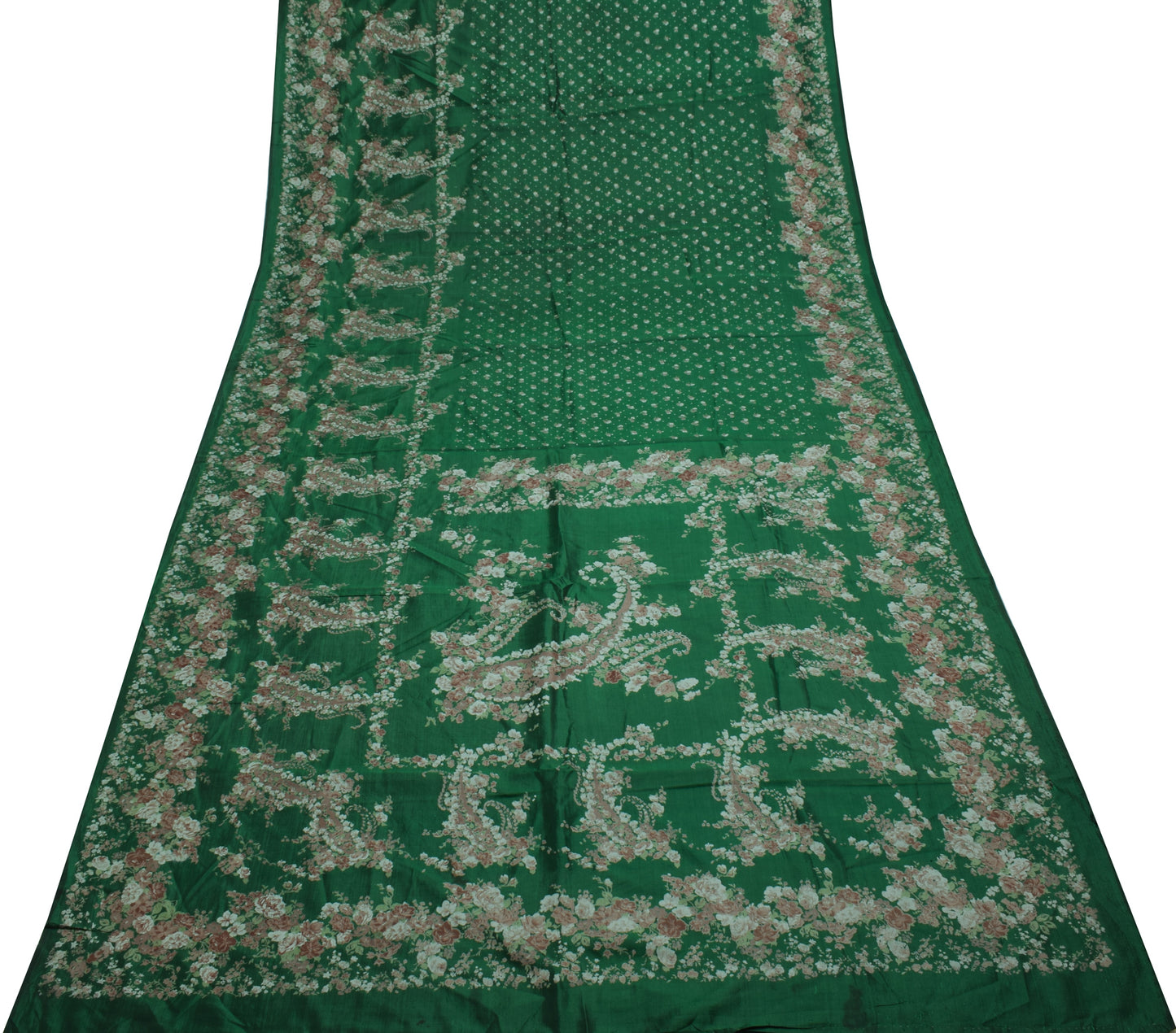 Sushila Vintage Green Scrap Saree 100% Pure Silk Printed Floral Sari Fabric