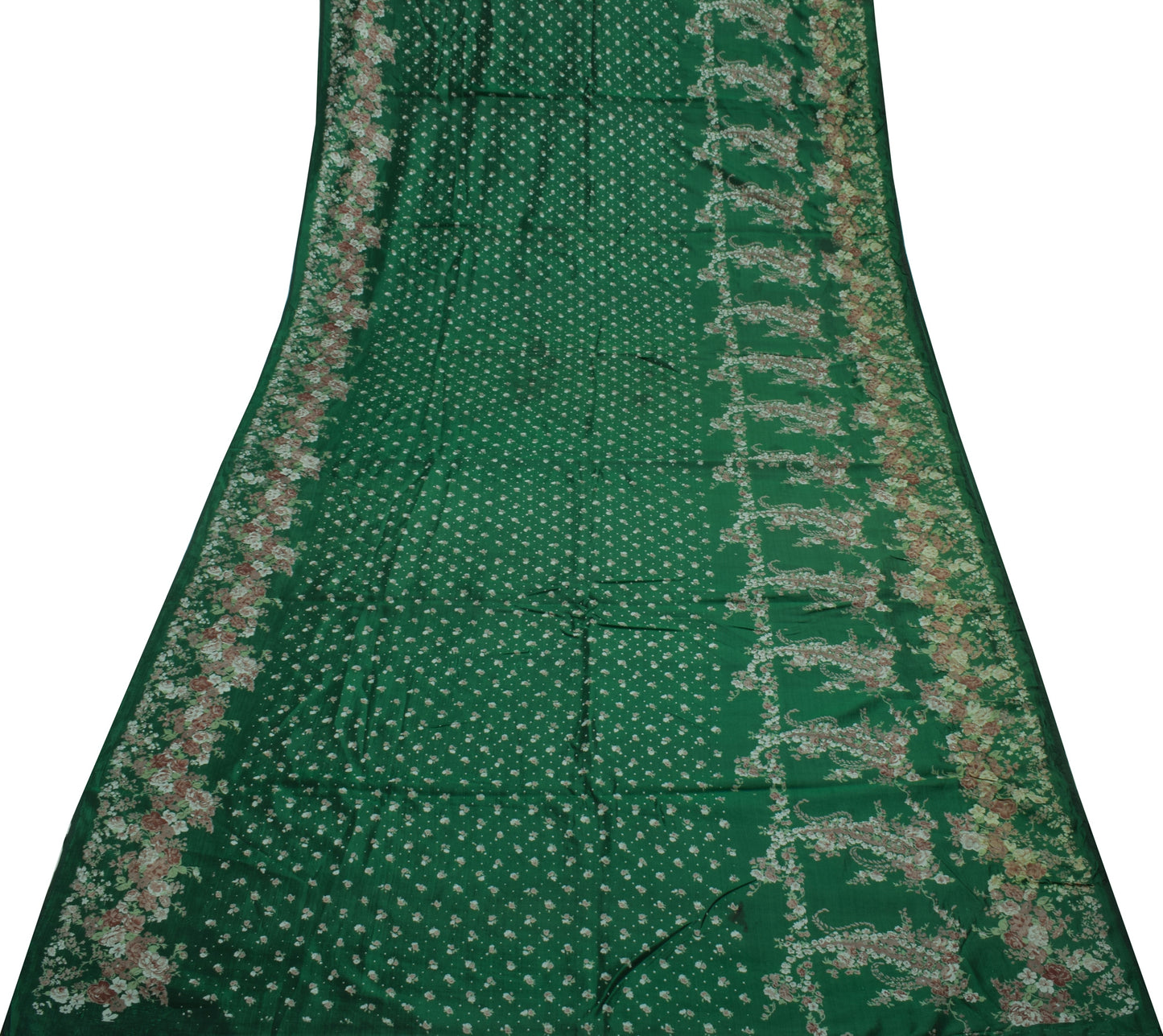 Sushila Vintage Green Scrap Saree 100% Pure Silk Printed Floral Sari Fabric
