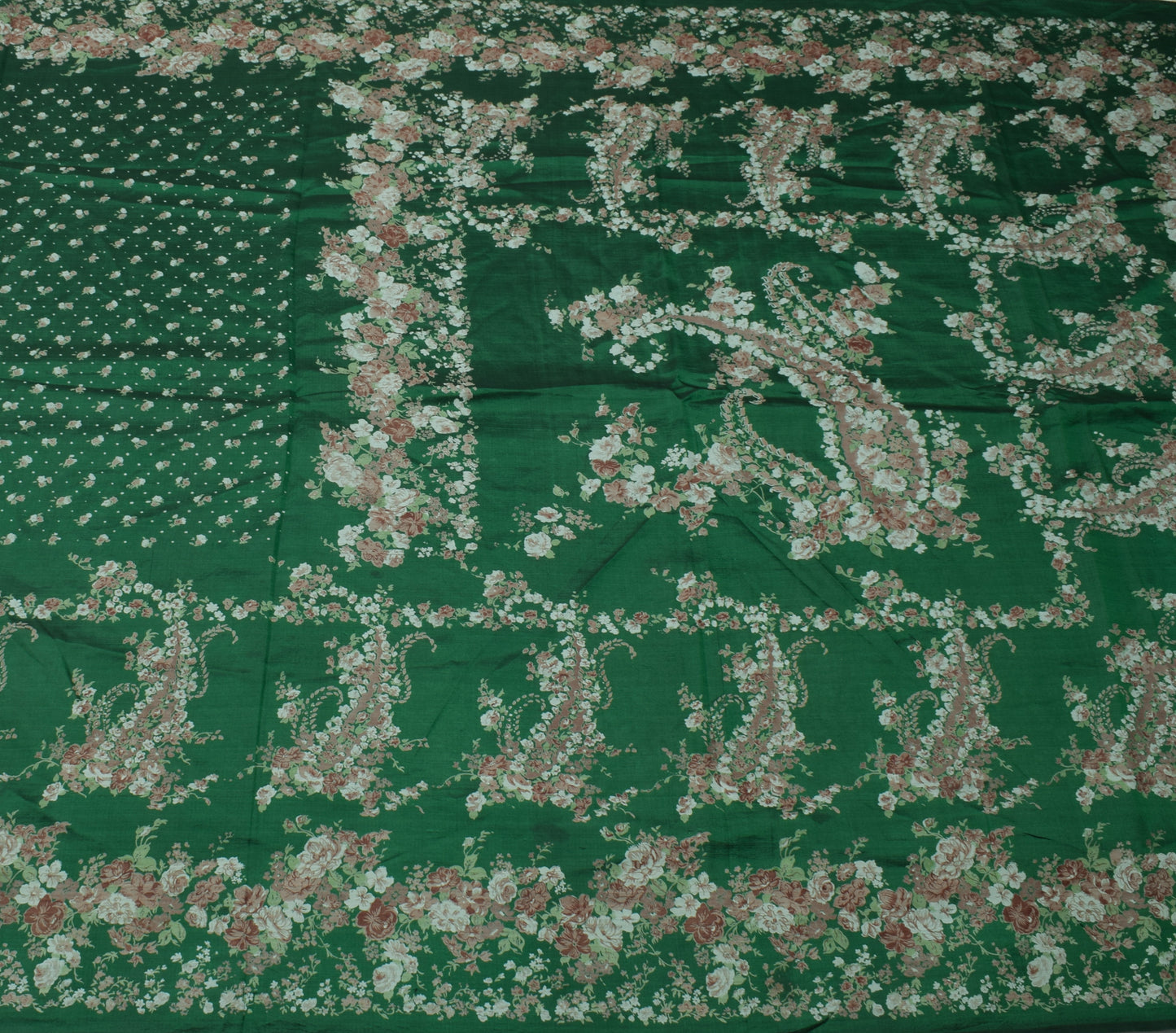 Sushila Vintage Green Scrap Saree 100% Pure Silk Printed Floral Sari Fabric