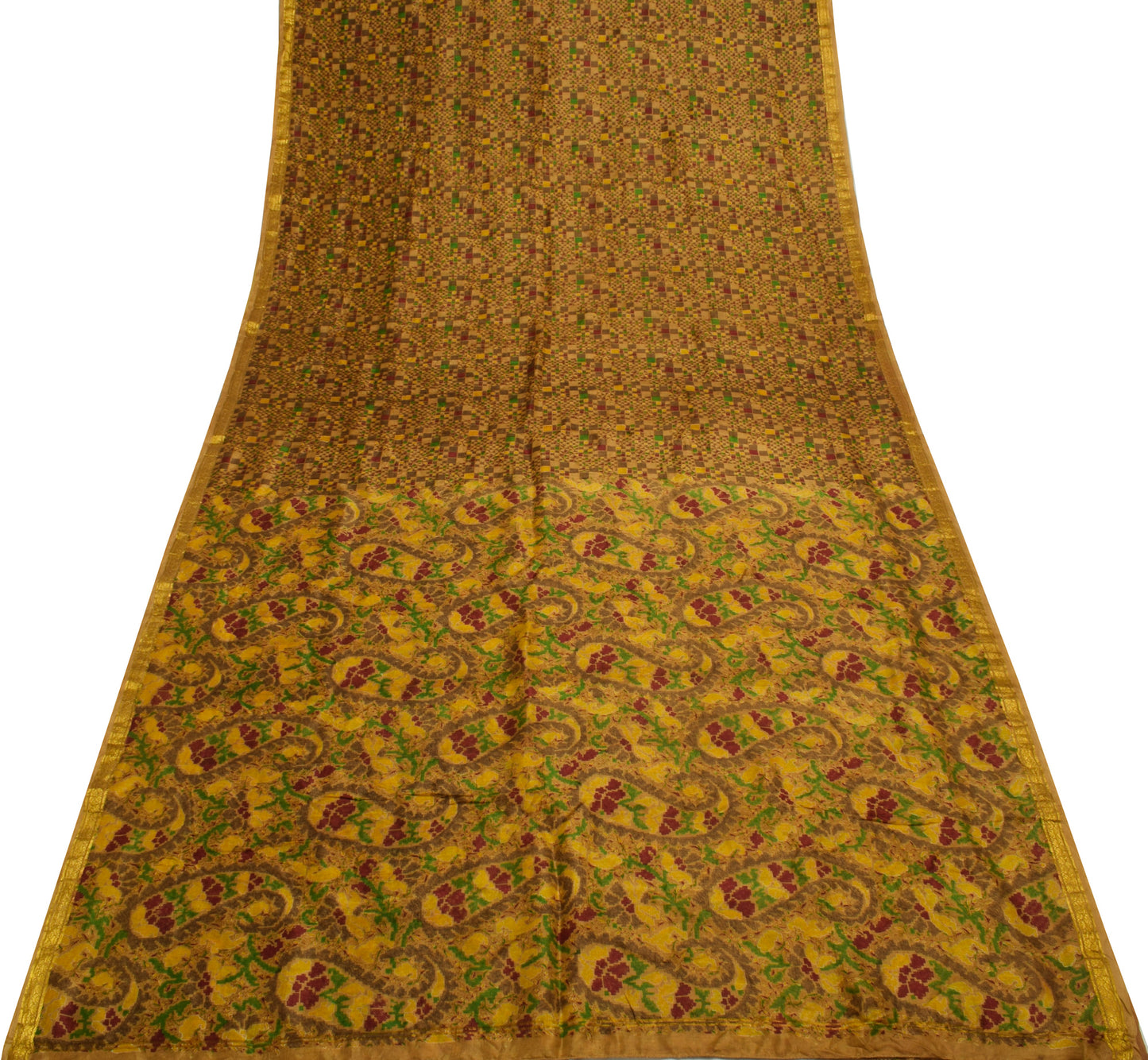 Sushila Vintage Green Scrap Saree 100% Pure Silk Printed 5 Yard Sari Fabric