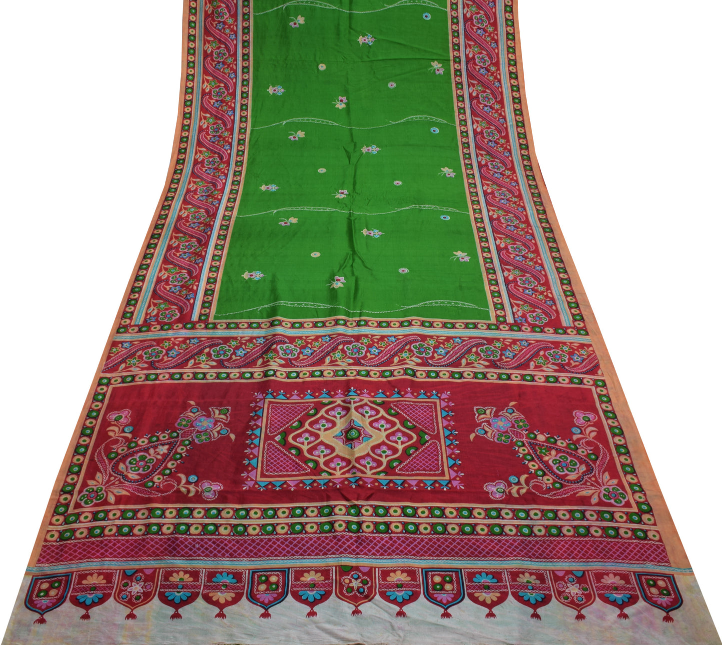 Sushila Vintage Green Scrap Saree 100% Pure Silk Printed Floral Sari Fabric