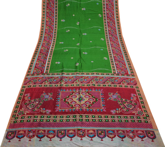 Sushila Vintage Green Scrap Saree 100% Pure Silk Printed Floral Sari Fabric