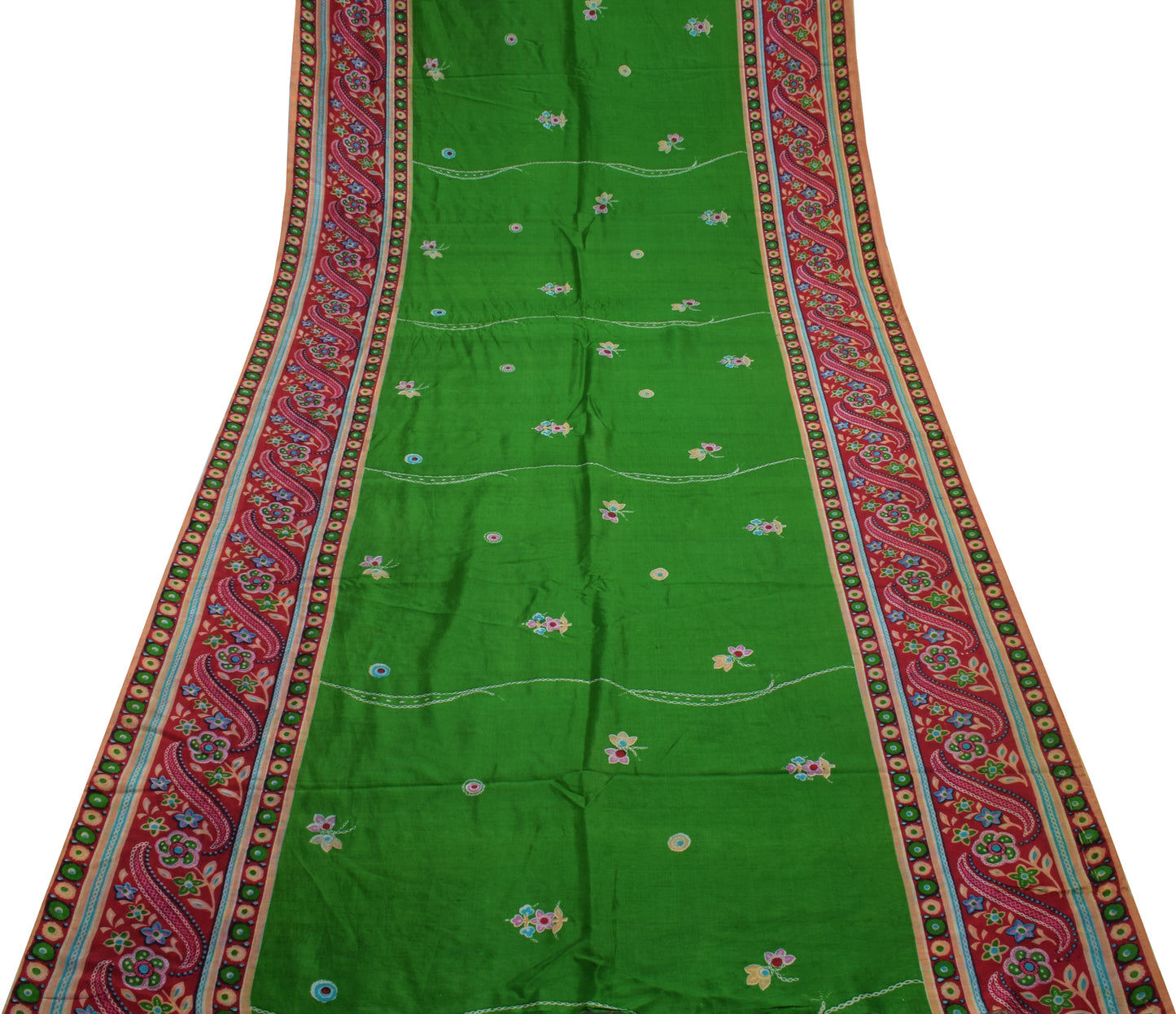 Sushila Vintage Green Scrap Saree 100% Pure Silk Printed Floral Sari Fabric