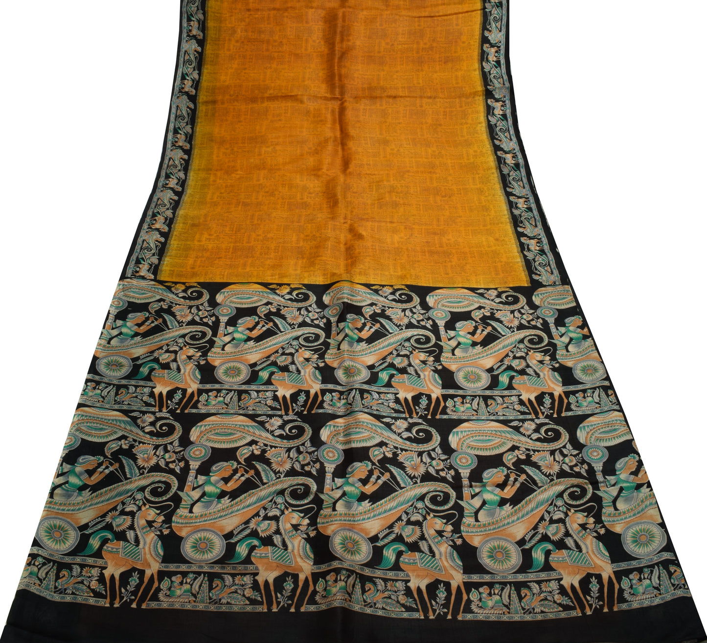 Sushila Vintage Mustard Scrap Saree 100% Pure Silk Printed Sari Craft Fabric