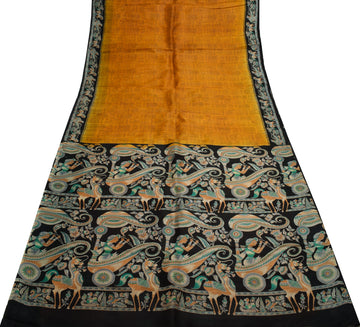 Sushila Vintage Mustard Scrap Saree 100% Pure Silk Printed Sari Craft Fabric