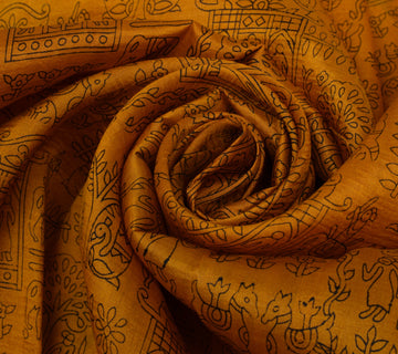 Sushila Vintage Mustard Scrap Saree 100% Pure Silk Printed Sari Craft Fabric