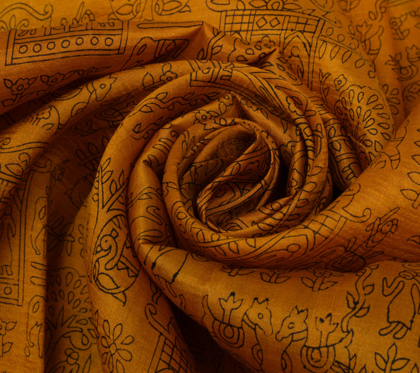 Sushila Vintage Mustard Scrap Saree 100% Pure Silk Printed Sari Craft Fabric
