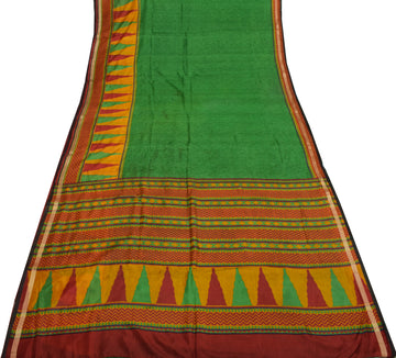 Sushila Vintage Green Scrap Saree 100% Pure Silk Printed Zig-Zag Sari Fabric