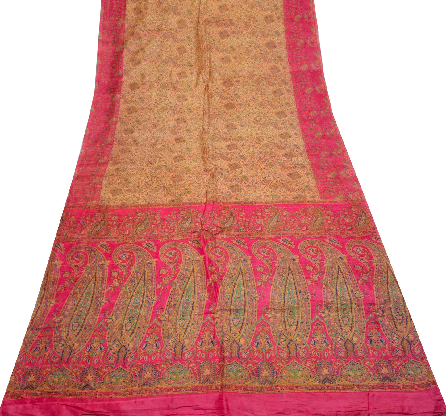 Sushila Vintage Cream Scrap Saree 100% Pure Silk Printed Paisley Sari Fabric