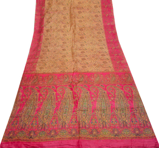 Sushila Vintage Cream Scrap Saree 100% Pure Silk Printed Paisley Sari Fabric