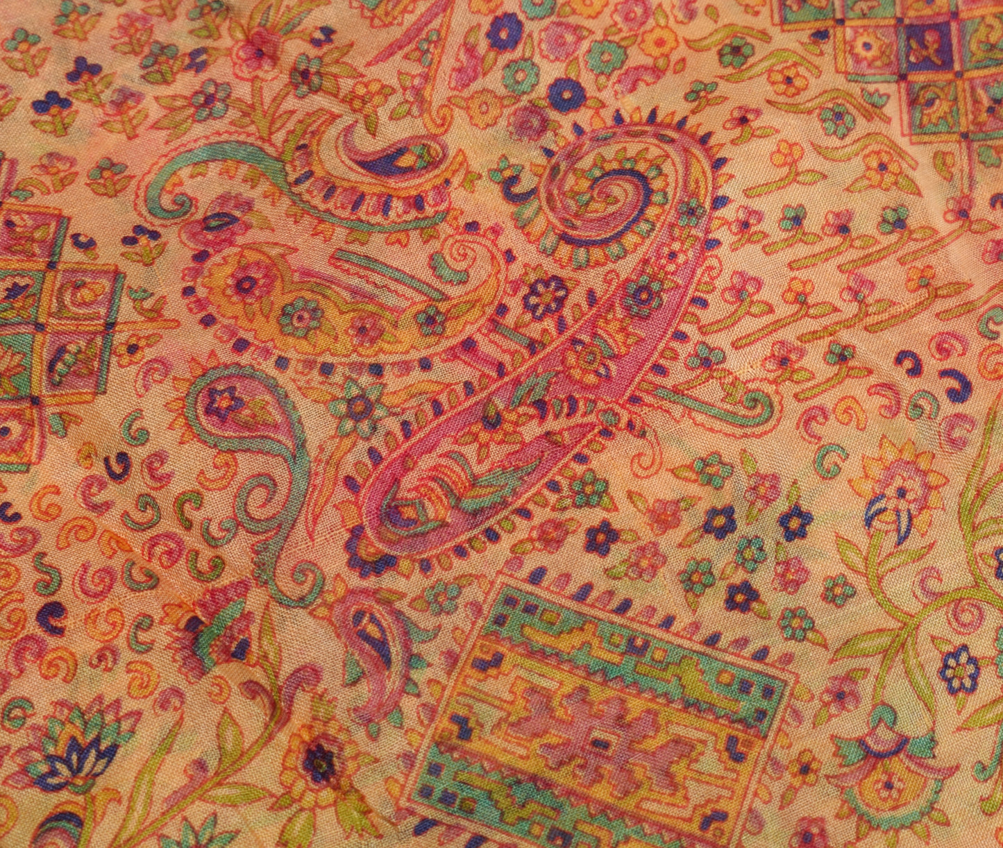 Sushila Vintage Cream Scrap Saree 100% Pure Silk Printed Paisley Sari Fabric