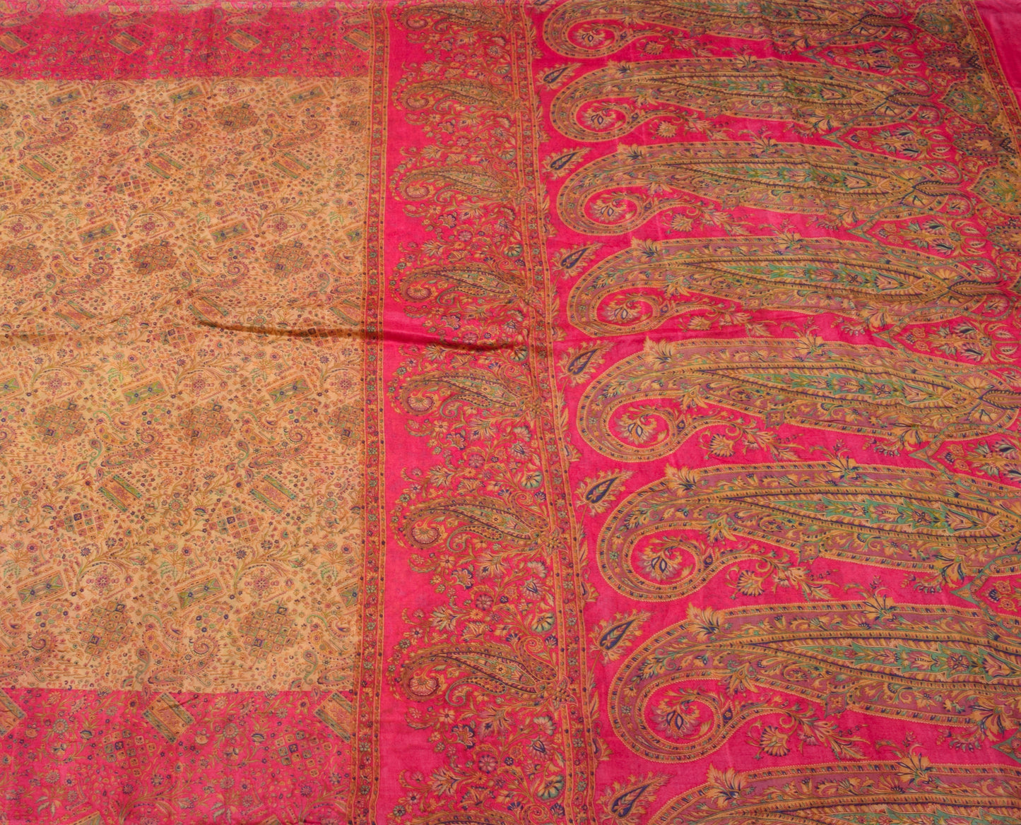 Sushila Vintage Cream Scrap Saree 100% Pure Silk Printed Paisley Sari Fabric
