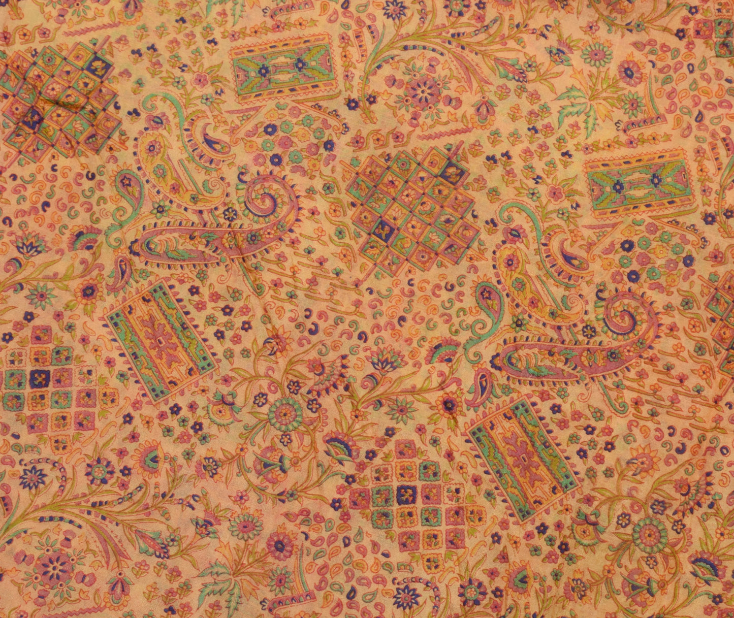 Sushila Vintage Cream Scrap Saree 100% Pure Silk Printed Paisley Sari Fabric
