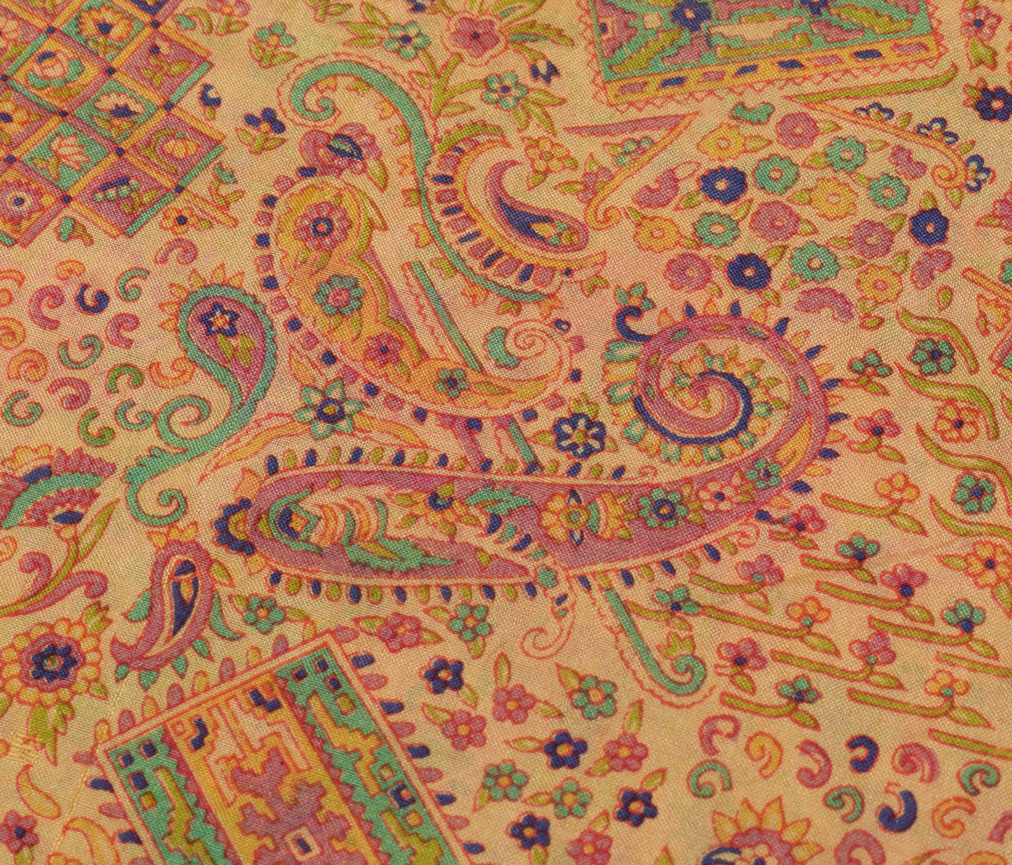 Sushila Vintage Cream Scrap Saree 100% Pure Silk Printed Paisley Sari Fabric