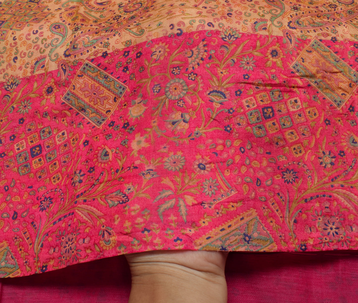 Sushila Vintage Cream Scrap Saree 100% Pure Silk Printed Paisley Sari Fabric