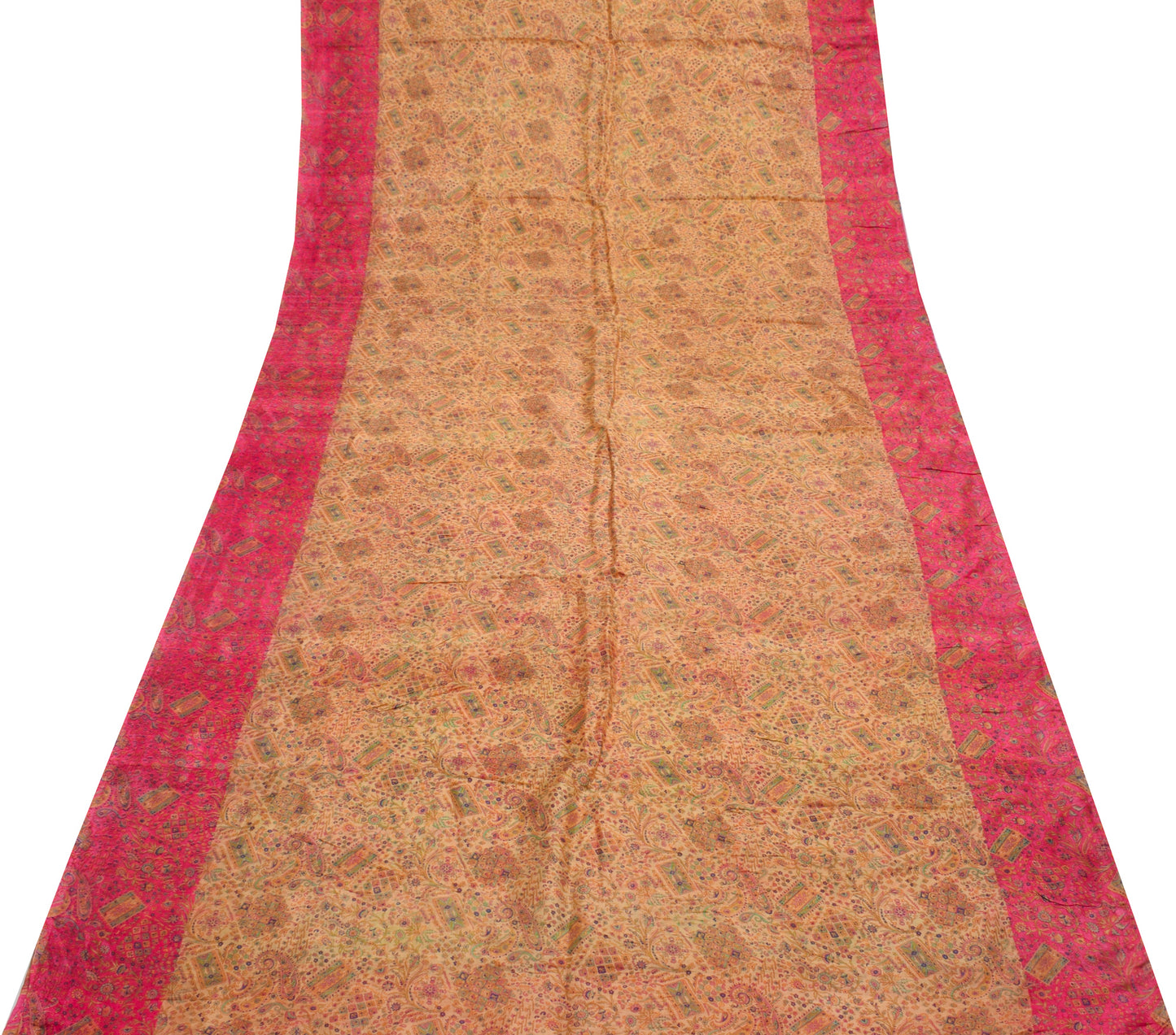 Sushila Vintage Cream Scrap Saree 100% Pure Silk Printed Paisley Sari Fabric