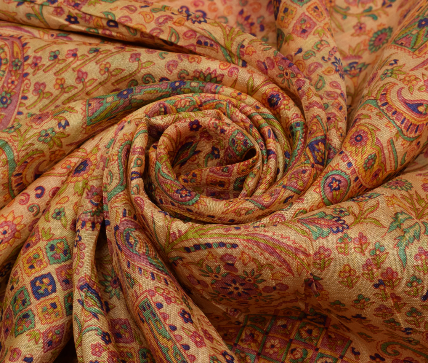 Sushila Vintage Cream Scrap Saree 100% Pure Silk Printed Paisley Sari Fabric