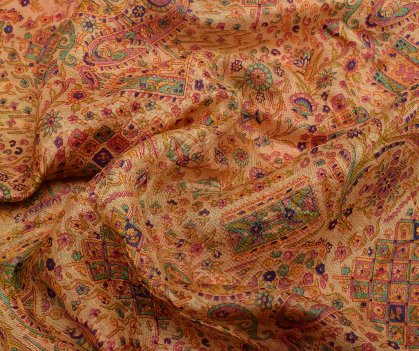 Sushila Vintage Cream Scrap Saree 100% Pure Silk Printed Paisley Sari Fabric