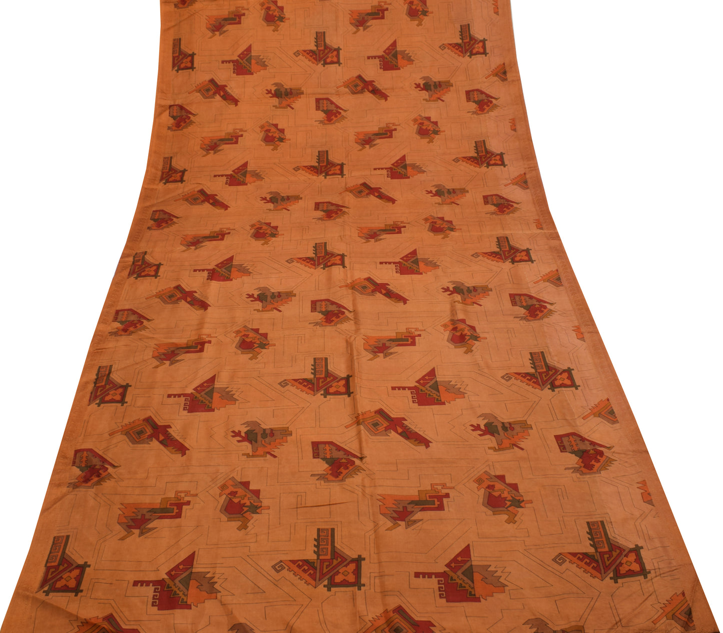 Sushila Vintage Brown Scrap Saree 100% Pure Silk Printed 5 Yard Sari Fabric